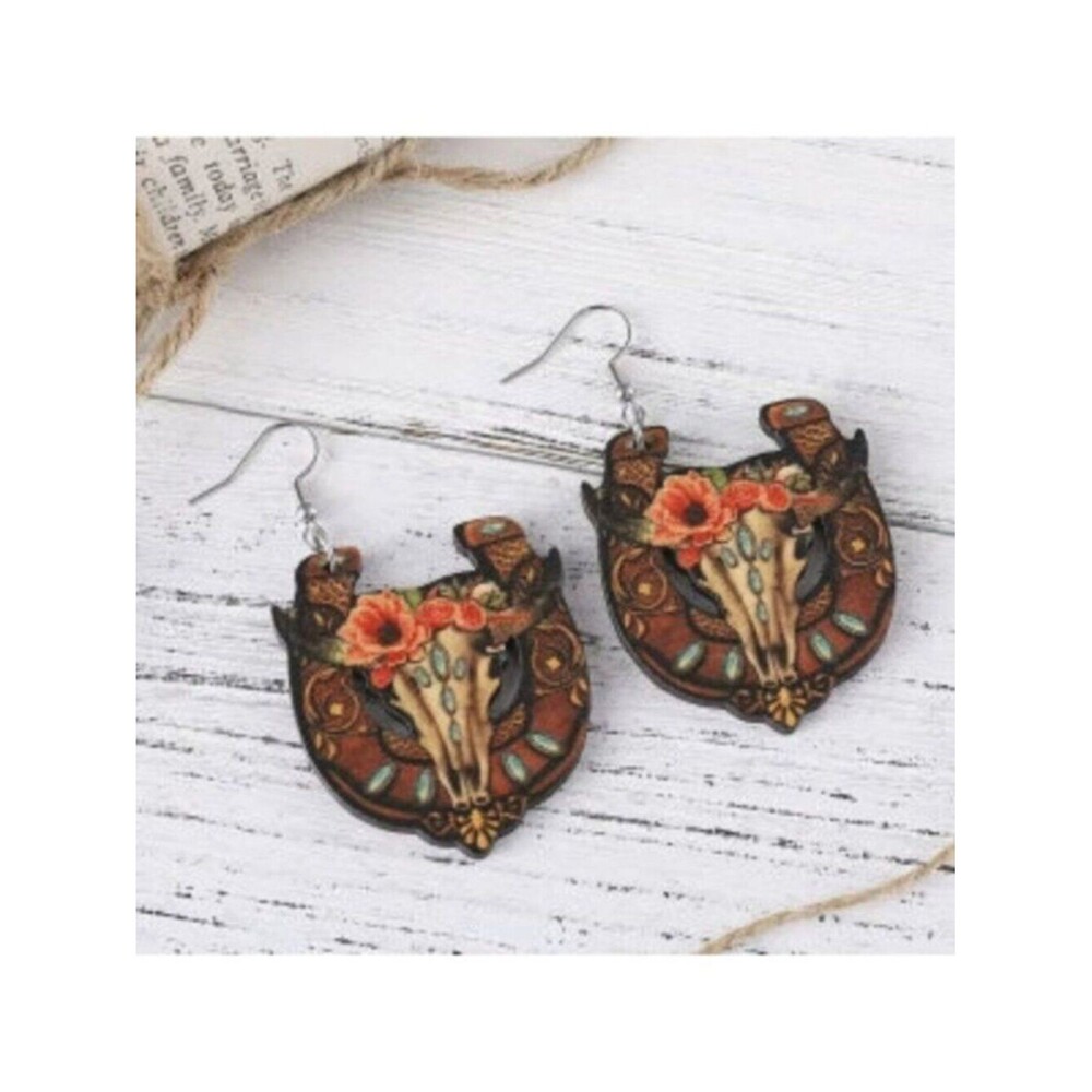 Vintage Western Ethnic Bullhead Cowboy Boots Horseshoe Dangle Earrings Wooden